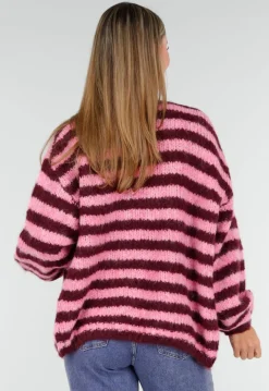 Gestreept Roze en Bordeaux Wollen Vest met Lange Mouwen