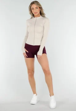 Getailleerd Beige Stretch Sportvest met Duimgaten en Opstaande Kraag