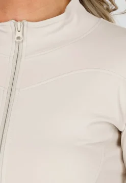 Getailleerd Beige Stretch Sportvest met Duimgaten en Opstaande Kraag
