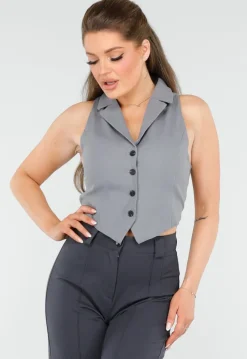 Getailleerd Grijs Gilet met Knopen en Strik Achterkant