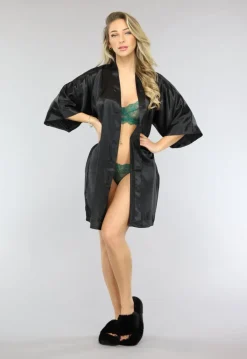 Glimmende Zwarte Satijnen Kimono Kort