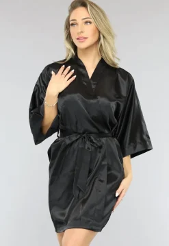 Glimmende Zwarte Satijnen Kimono Kort