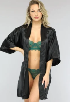Glimmende Zwarte Satijnen Kimono Kort