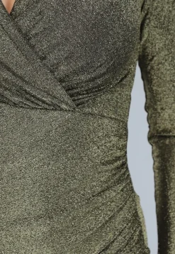 Gouden Geplooide Longsleeve Glitter Jurk