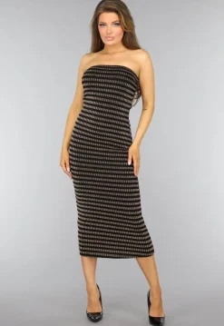 Gouden Gestreepte Strapless Midi Jurk
