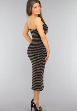 Gouden Gestreepte Strapless Midi Jurk