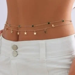 Gouden Heup Bodychain met Sterretjes en Groene Steentjes