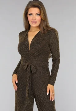 Gouden Longsleeve Glitter Jumpsuit met Ceintuur