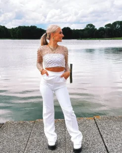 Gouden Longsleeve Mesh Top met Parels