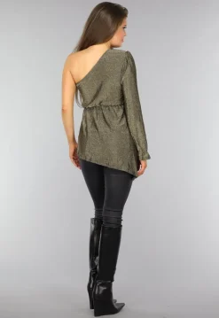 Gouden One Sleeve Glitter Top met Schoudervulling