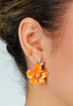 Gouden Oorbellen met Oranje Bloem en Strass Steentjes