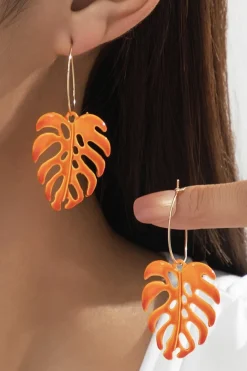 Gouden Oorbellen met Oranje Blad Hanger