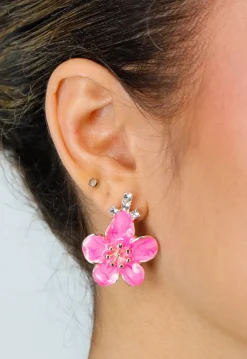 Gouden Oorbellen met Roze Bloem en Strass Steentjes