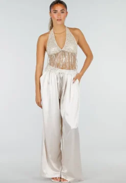 Gouden Pailletten Halter Top met Franjes en Open Rug