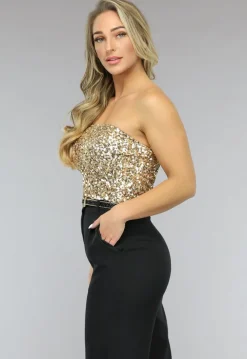 Gouden Strapless Crop Top met Pailletten