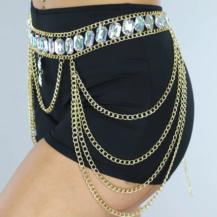 Gouden Waist Body Chain met Grote Strass Stenen