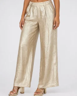 Gouden Wide Leg Broek met Plooien en Stretch Taille