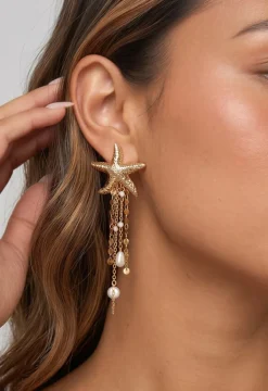 Gouden Zeester Oorbellen met Parels en Hangende Kettingen