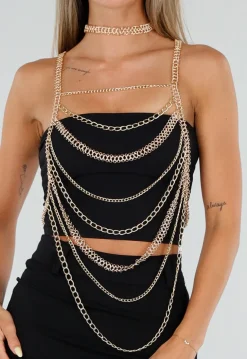 Goudkleurige Bodychain met Choker en Verstelbare Rugsluiting