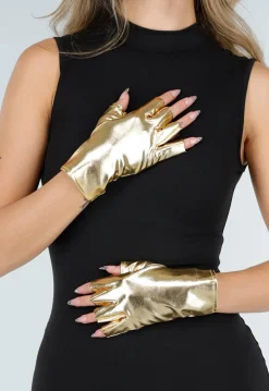 Goudkleurige Handschoenen van Glanzend Stretchmateriaal met Halve Vingers