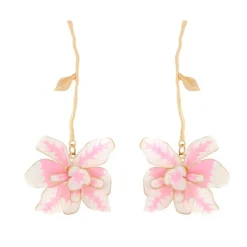 Goudkleurige Oorbellen met Roze-Witte Bloemhanger