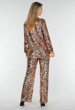 Goudkleurige Pailletten Blouse met Kraag en Lange Mouwen
