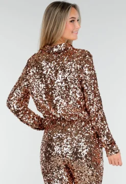Goudkleurige Pailletten Blouse met Kraag en Lange Mouwen