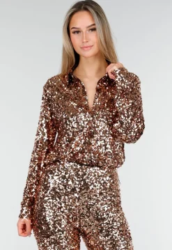 Goudkleurige Pailletten Blouse met Kraag en Lange Mouwen