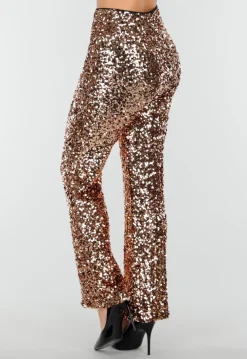 Goudkleurige Pailletten Broek met Hoge Taille en Rechte Pijpen
