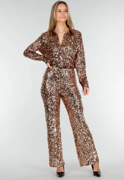 Goudkleurige Pailletten Broek met Hoge Taille en Rechte Pijpen