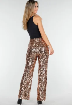 Goudkleurige Pailletten Broek met Hoge Taille en Rechte Pijpen