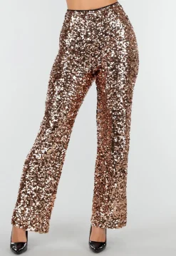 Goudkleurige Pailletten Broek met Hoge Taille en Rechte Pijpen