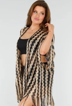 Goud-Zwarte Cover-Up met Zigzagpatroon en Franjes