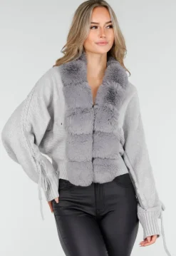 Grijs Gebreid Vest met Faux Fur Kraag en Strikdetails
