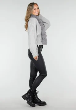 Grijs Gebreid Vest met Faux Fur Kraag en Strikdetails