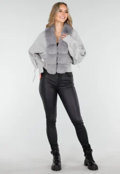 Grijs Gebreid Vest met Faux Fur Kraag en Strikdetails