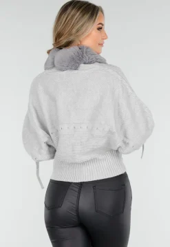 Grijs Gebreid Vest met Faux Fur Kraag en Strikdetails