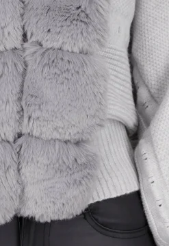Grijs Gebreid Vest met Faux Fur Kraag en Strikdetails