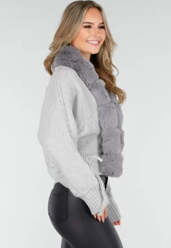 Grijs Gebreid Vest met Faux Fur Kraag en Strikdetails