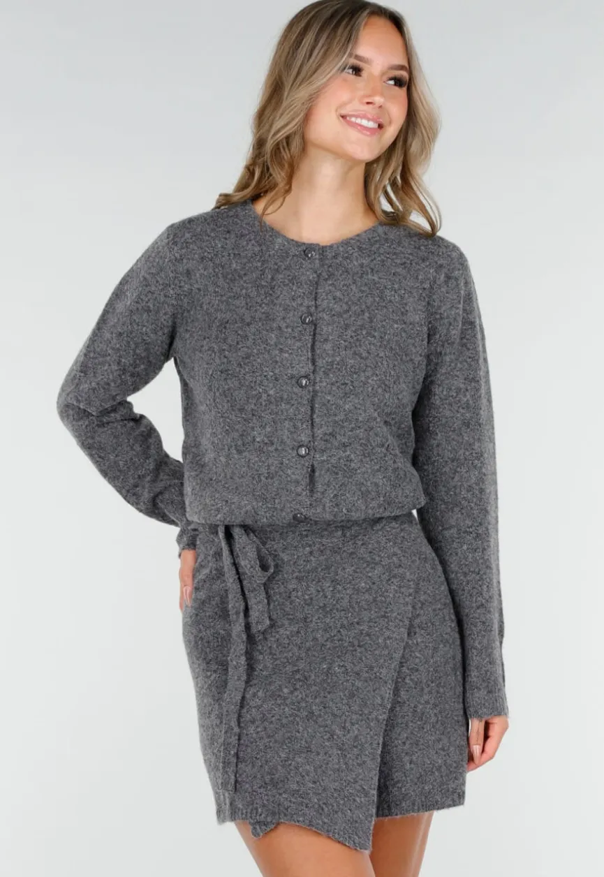 Grijs Gebreid Vest met Lange Mouwen en Knoopsluiting