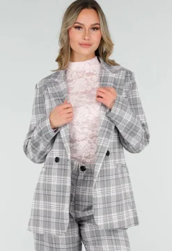 Grijs Roze Geruite Blazer met Schoudervullingen