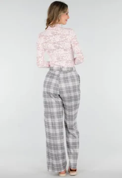 Grijs Roze Geruite Pantalon Straight Leg