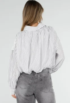 Grijs Wit Gestreepte Blouse met Kant en Lange Mouwen