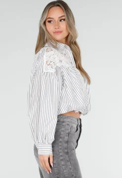 Grijs Wit Gestreepte Blouse met Kant en Lange Mouwen