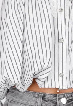 Grijs Wit Gestreepte Blouse met Kant en Lange Mouwen