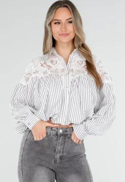 Grijs Wit Gestreepte Blouse met Kant en Lange Mouwen