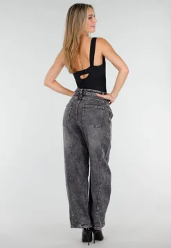 Grijze Barrel Jeans met Stonewashed Look en Hoge Taille