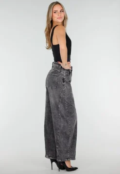 Grijze Barrel Jeans met Stonewashed Look en Hoge Taille