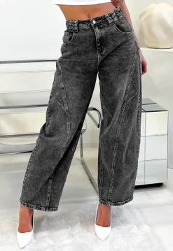 Grijze Barrel Jeans met Stonewashed Look en Hoge Taille