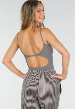 Grijze Bodysuit met Spaghetti Bandjes en Pads